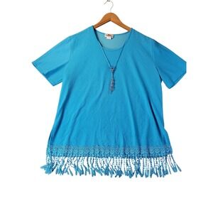 Superline Blue Fringe Hem Tunic Top One Size Necklace Boho Crinkle‎ Stretch USA